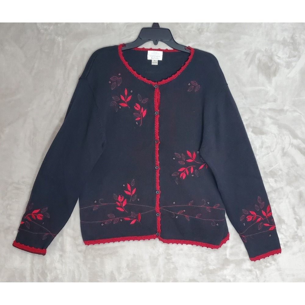 Vintage Christopher & Banks Women XL Black Red Floral‎ Embroidered Cardigan EUC